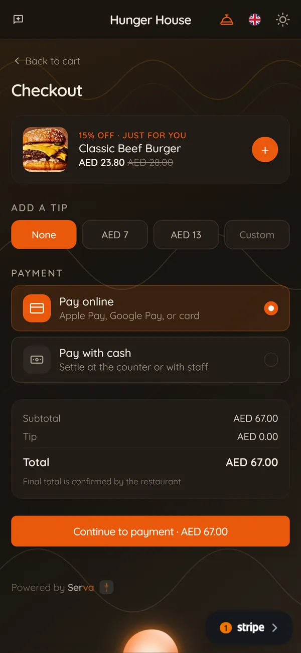 Checkout with tip and payment choice