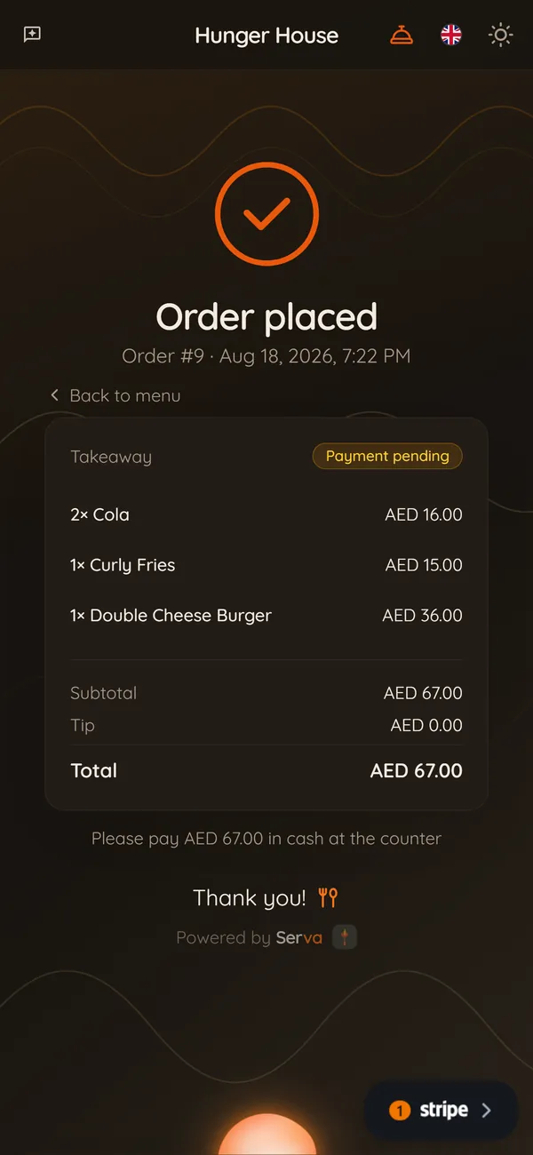 Order placed confirmation